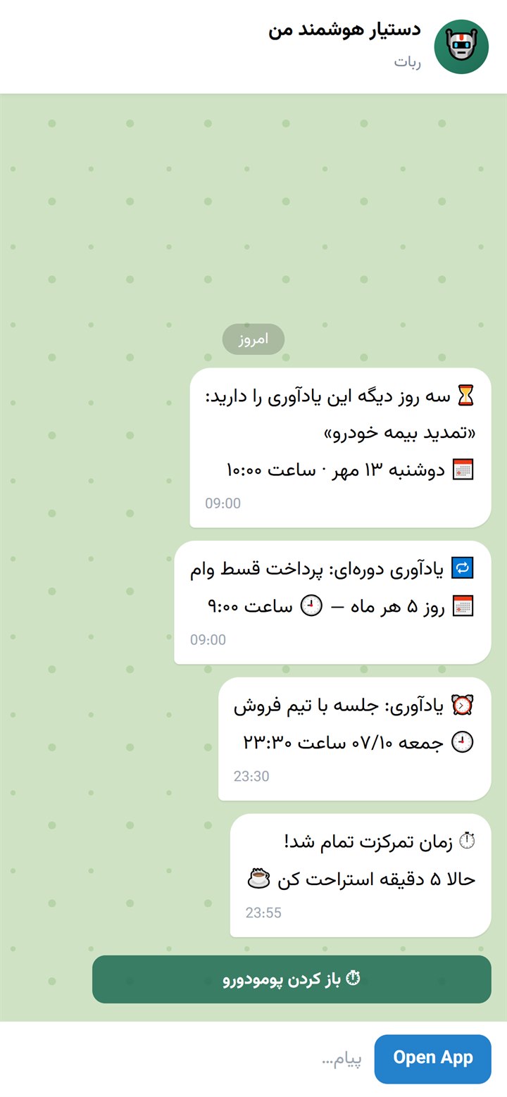 پیامهای یادآوری ربات در چت تلگرام